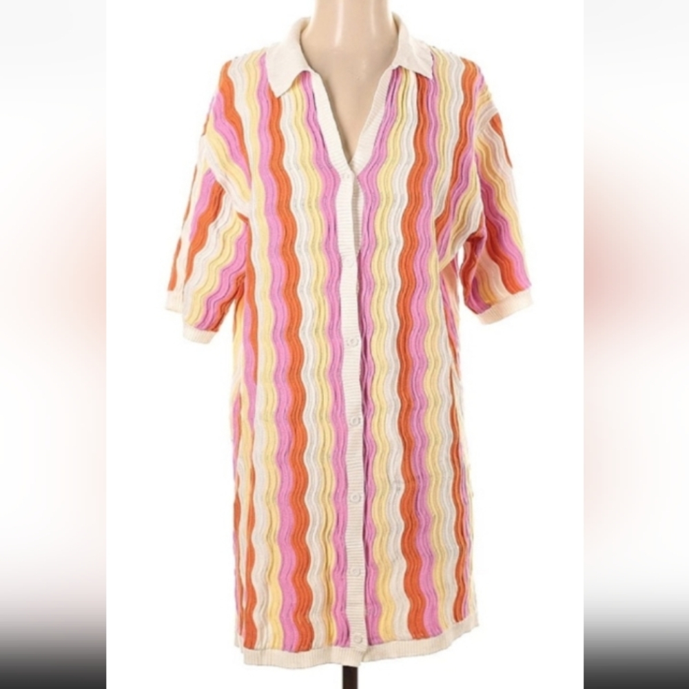 Multi-Color Wave-Stripe Button-Front Women’s Dress